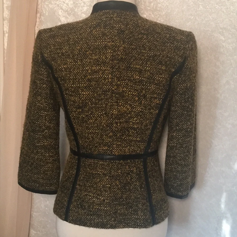 Classiques Entier Black/Brown Leather trim Wool tweed Jacket Size S NWT